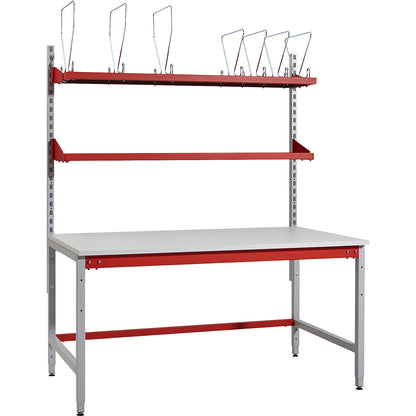 BASIC complete packing table, with add-on rails, cardboard packaging shelf and top shelf, HxWxD 780 x 1600 x 900 mm.