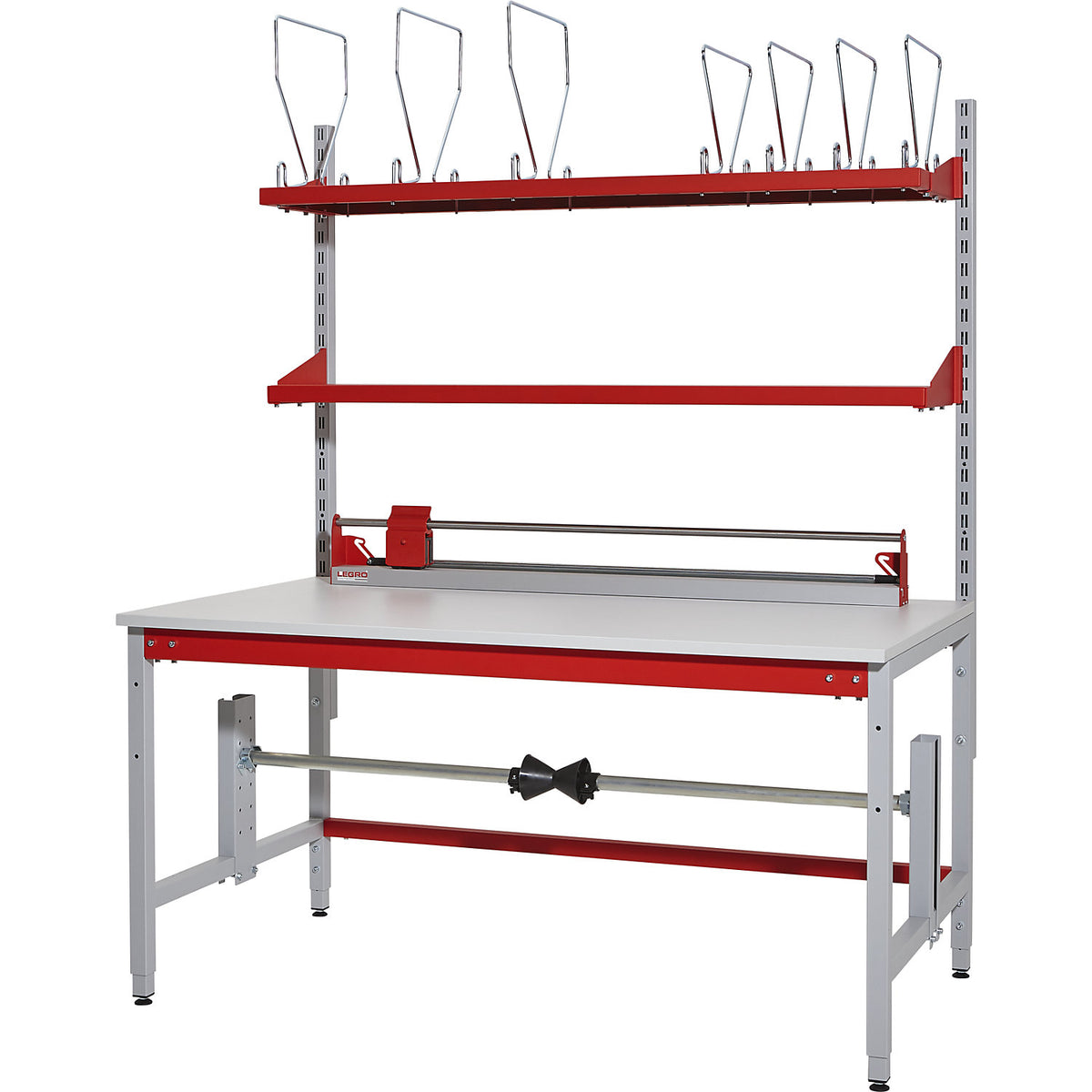 BASIC complete packing table, with add-on rails, cardboard packaging shelf, top shelf, cutter and strap dispenser, HxWxD 780 x 1600 x 900 mm.