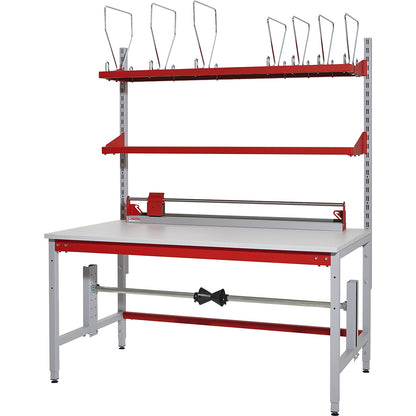 BASIC complete packing table, with add-on rails, cardboard packaging shelf, top shelf, cutter and strap dispenser, HxWxD 780 x 1600 x 900 mm.