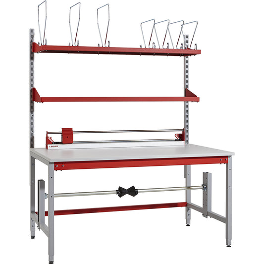 BASIC complete packing table, with add-on rails, cardboard packaging shelf, top shelf, cutter and strap dispenser, HxWxD 780 x 1600 x 900 mm.