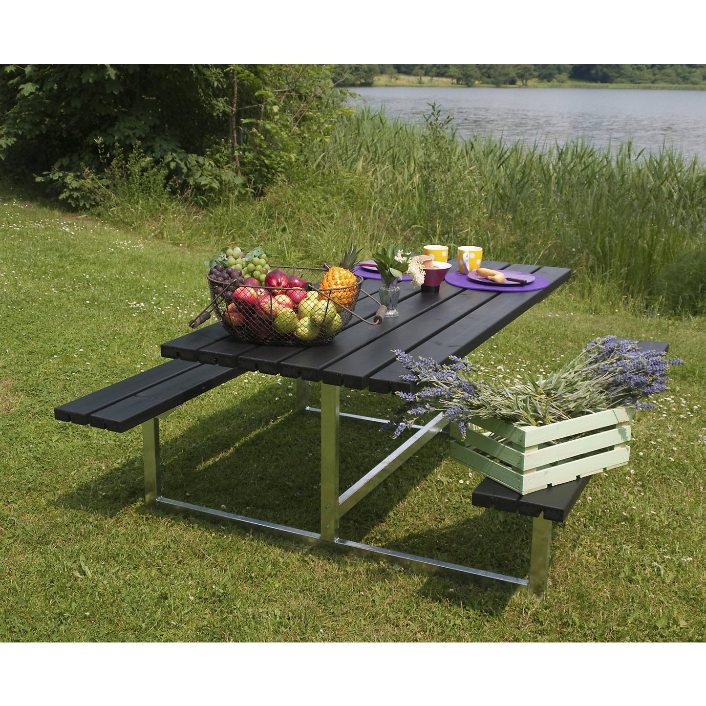 Picnic bench, for 6 people, depth 1600 mm, without backrest, black.
