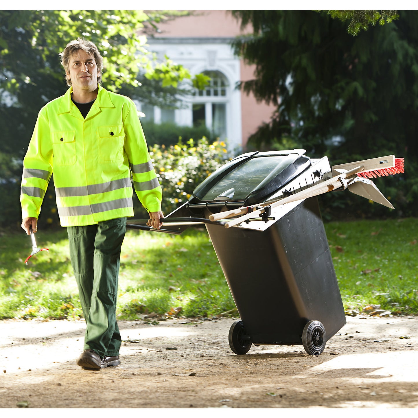 CARRIER PICK UP rubbish bin frame, with handle and implement holder, 1+ items.
