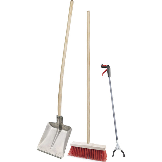 Equipment set, litter grabber, broom, shovel, for outdoor cleaning.