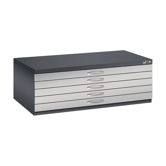 Drawing cabinet, A1, 5 drawers, height 420 mm, black grey / white aluminium.