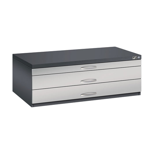 Drawing cabinet, A1, 3 drawers, height 420 mm, black grey / white aluminium.