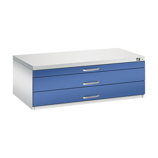 Drawing cabinet, A1, 3 drawers, height 420 mm, light grey / gentian blue.