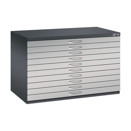 Drawing cabinet, A1, 10 drawers, height 760 mm, black grey / white aluminium.