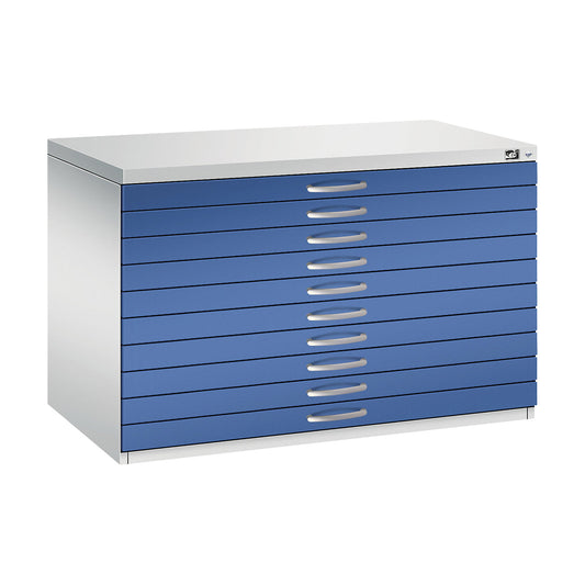Drawing cabinet, A1, 10 drawers, height 760 mm, light grey / gentian blue.