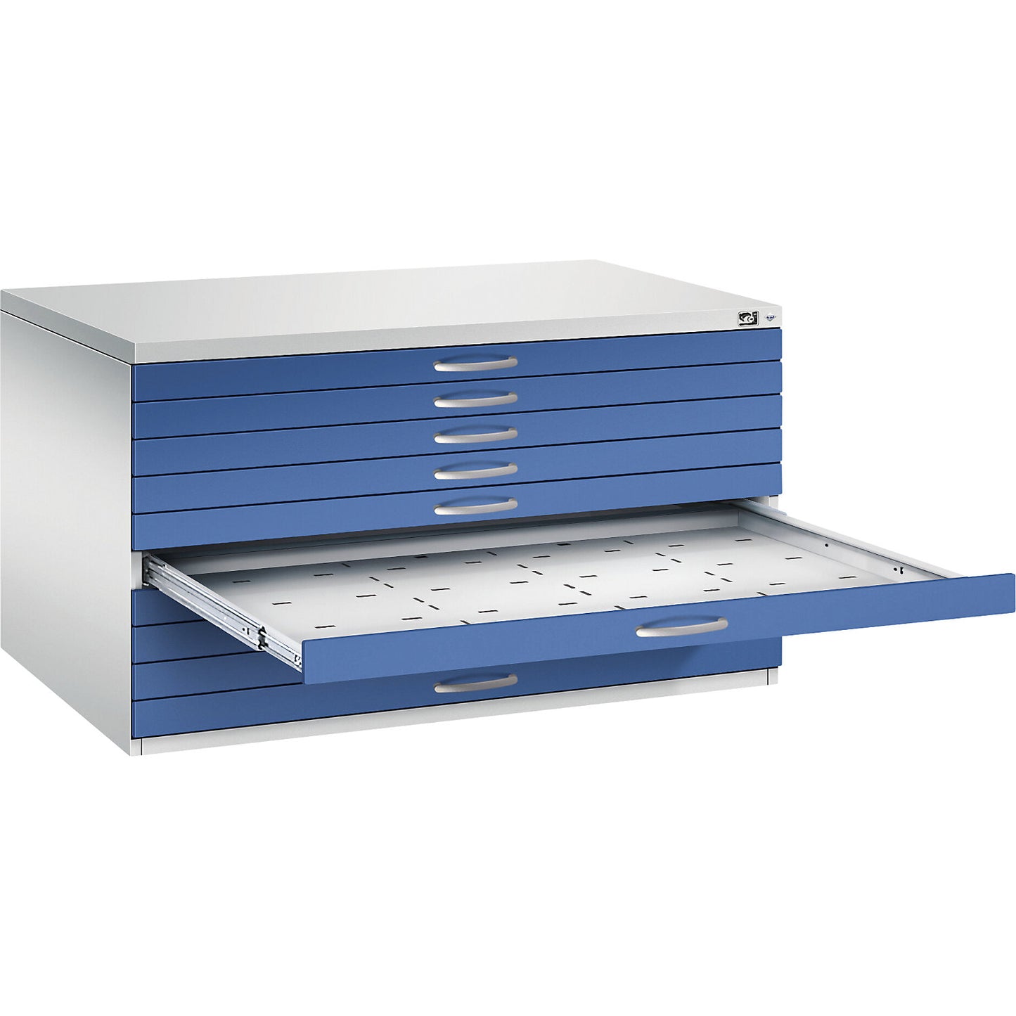 Drawing cabinet, A0, 10 drawers, height 760 mm, light grey / gentian blue.