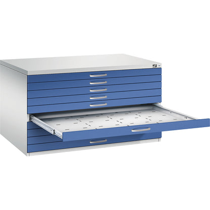 Drawing cabinet, A0, 10 drawers, height 760 mm, light grey / gentian blue.
