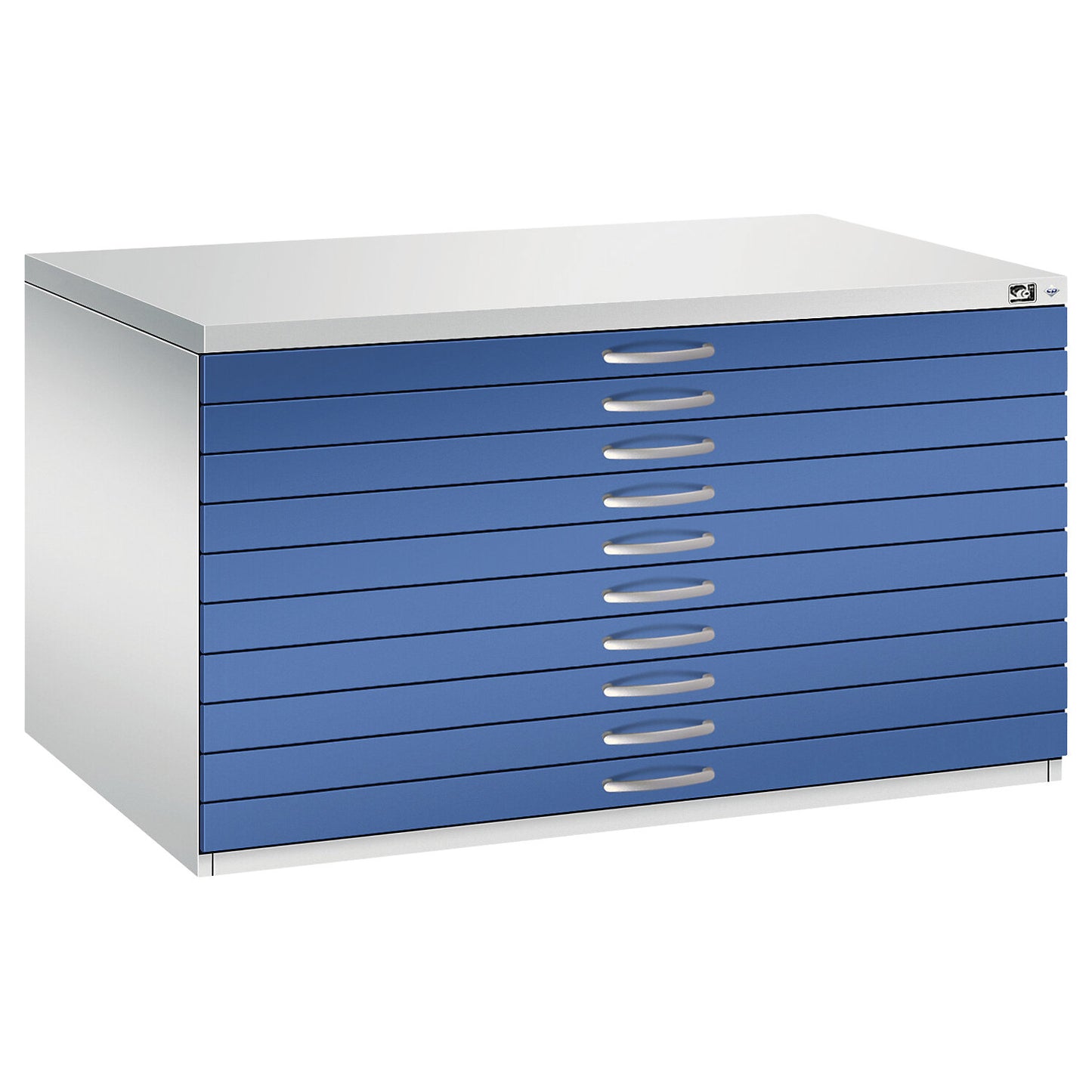 Drawing cabinet, A0, 10 drawers, height 760 mm, light grey / gentian blue.