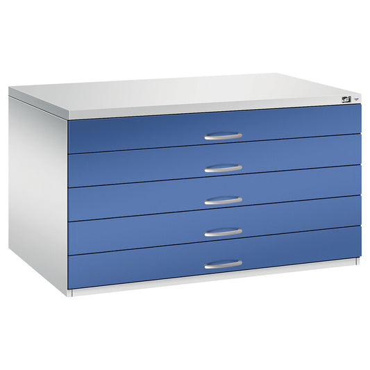 Drawing cabinet, A0, 5 drawers, height 760 mm, light grey / gentian blue.