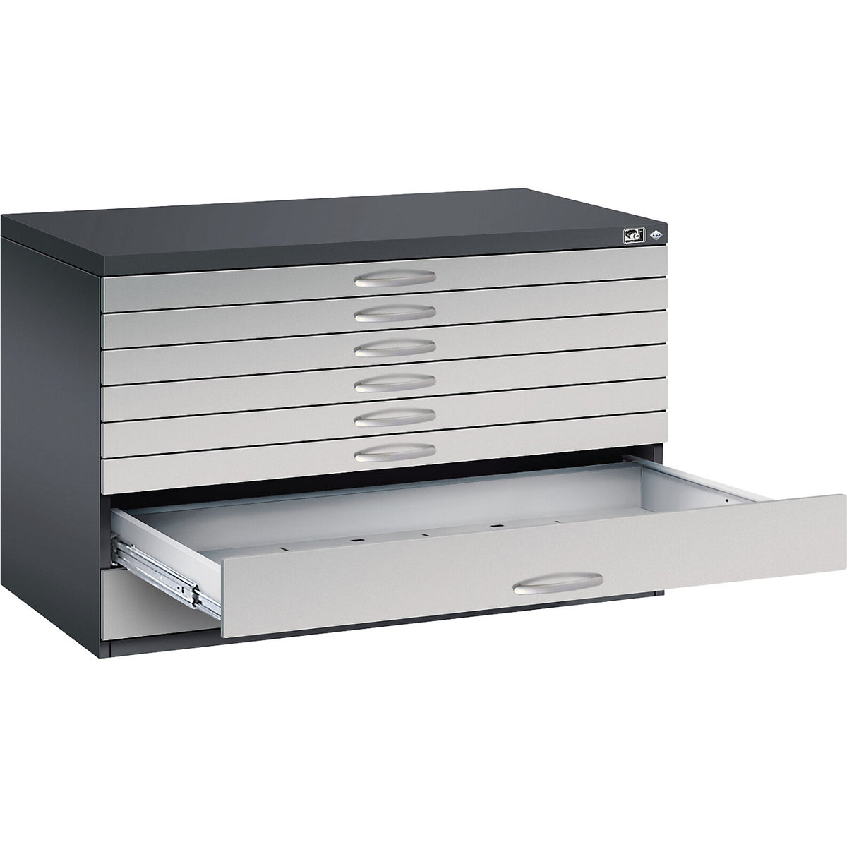 Drawing cabinet, A1, 8 drawers, height 760 mm, black grey / white aluminium.