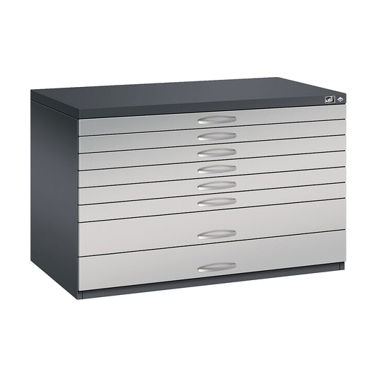 Drawing cabinet, A1, 8 drawers, height 760 mm, black grey / white aluminium.
