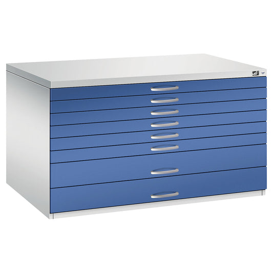 Drawing cabinet, A0, 8 drawers, height 760 mm, light grey / gentian blue.