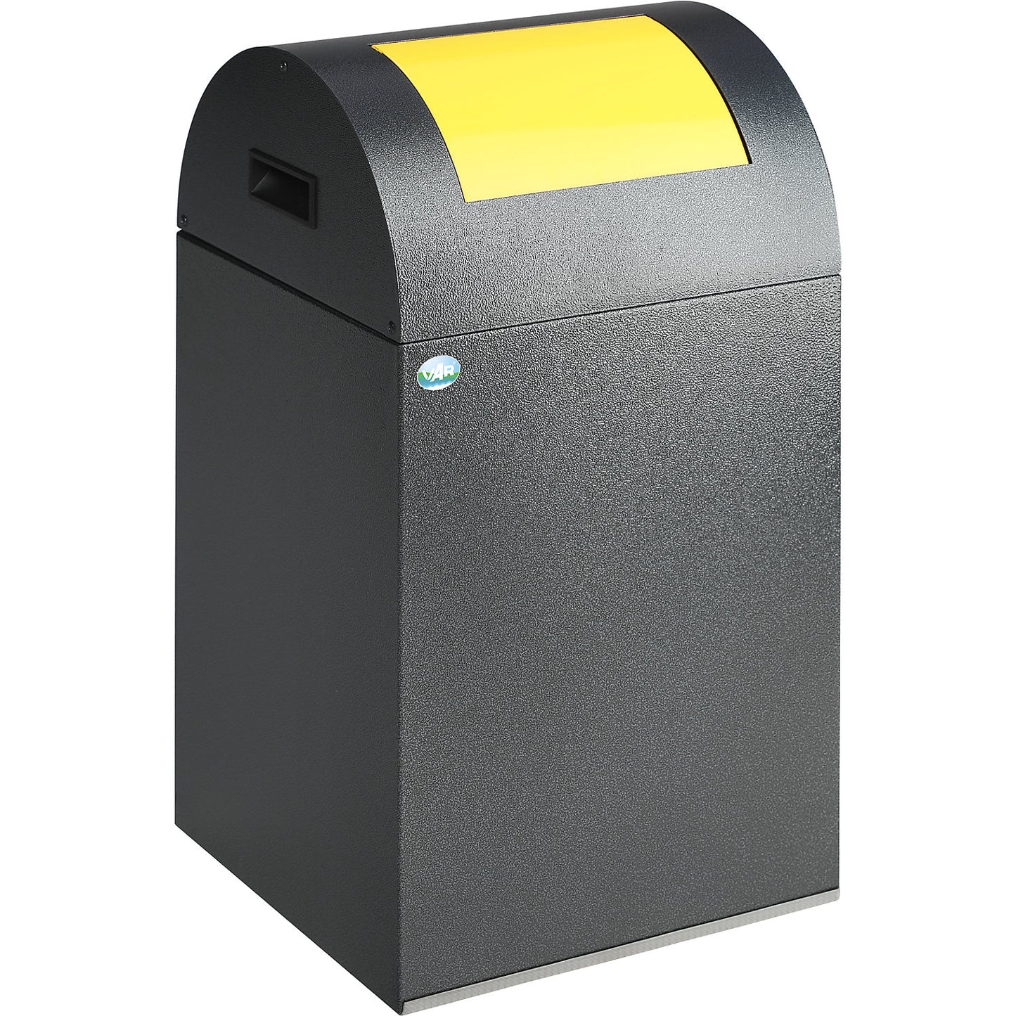 Self extinguishing recyclable waste collector, capacity 43 l, HxWxD 600 x 320 x 320 mm, antique silver, yellow flap.