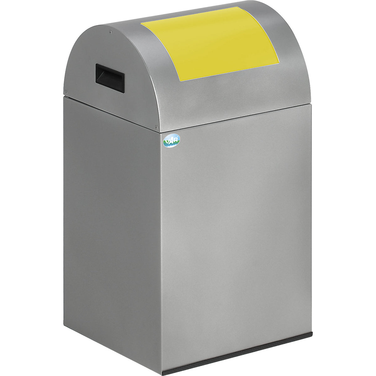 Self extinguishing recyclable waste collector, capacity 43 l, HxWxD 600 x 320 x 320 mm, silver, yellow flap.