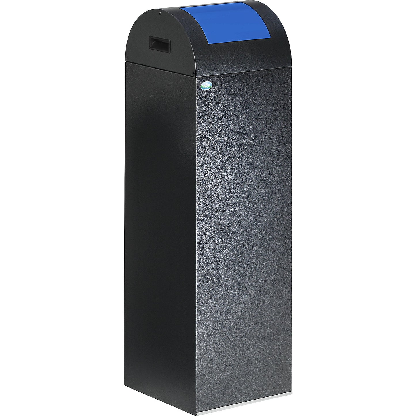 Self extinguishing recyclable waste collector, capacity 89 l, HxWxD 1045 x 320 x 320 mm, antique silver, blue flap.