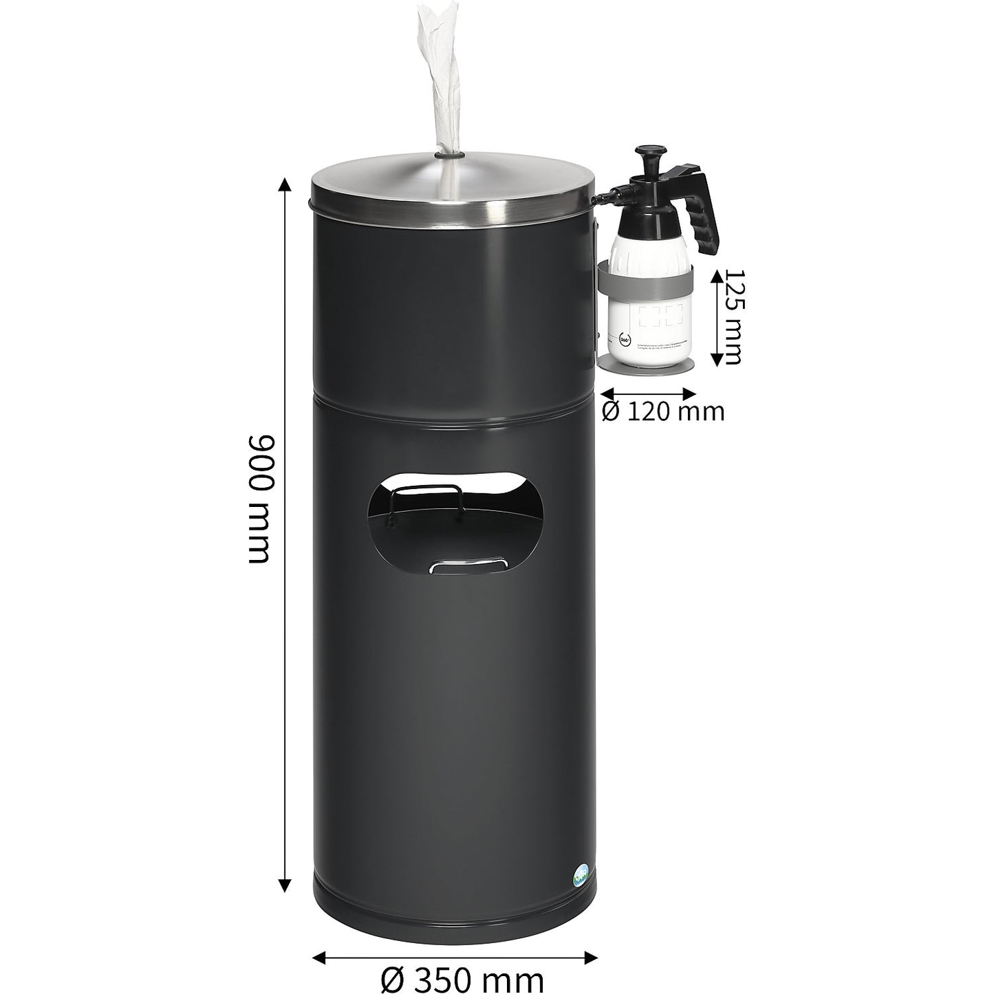 Cleaning station, with paper dispenser and bottle holder, sheet steel, black grey.