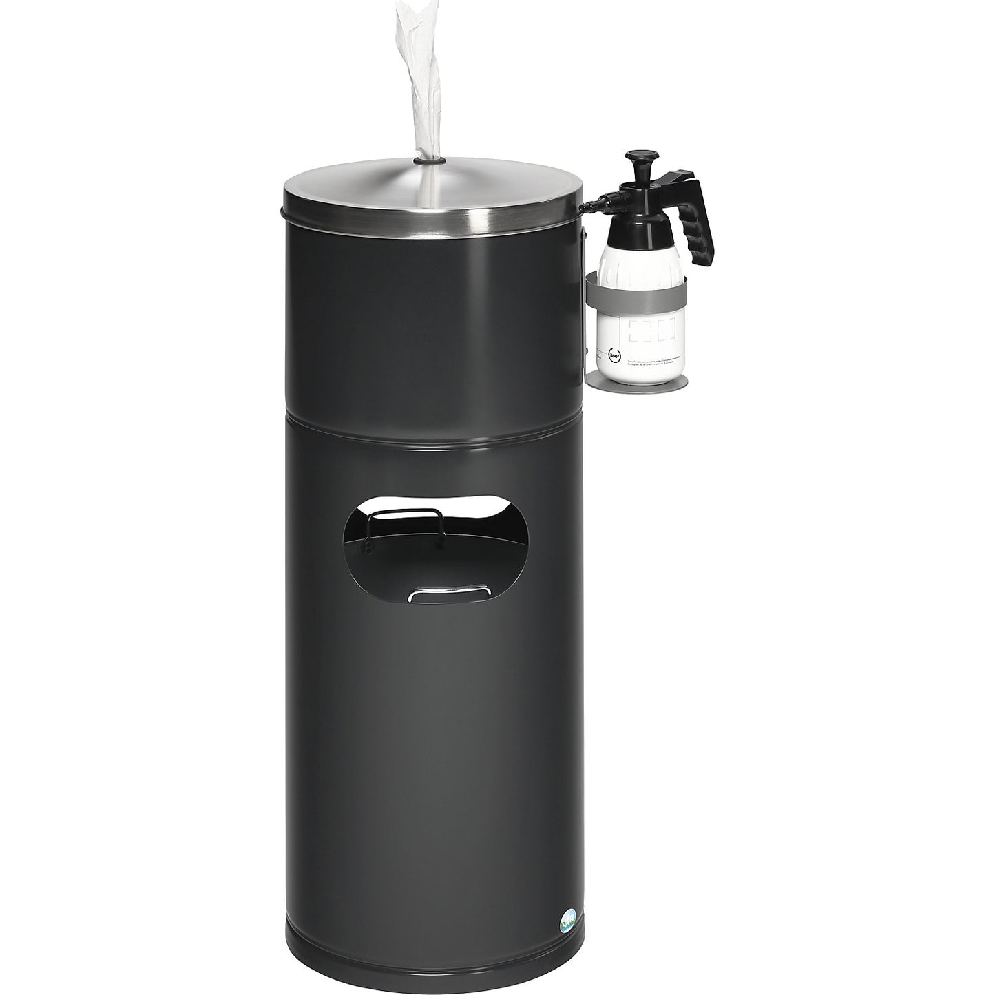Cleaning station, with paper dispenser and bottle holder, sheet steel, black grey.