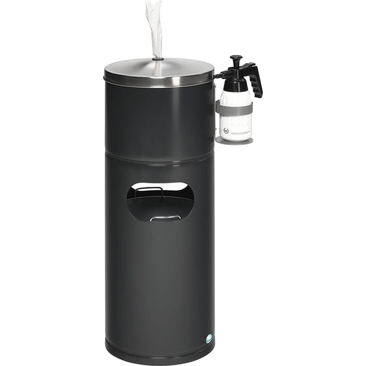 Cleaning station, with paper dispenser and bottle holder, sheet steel, black grey.