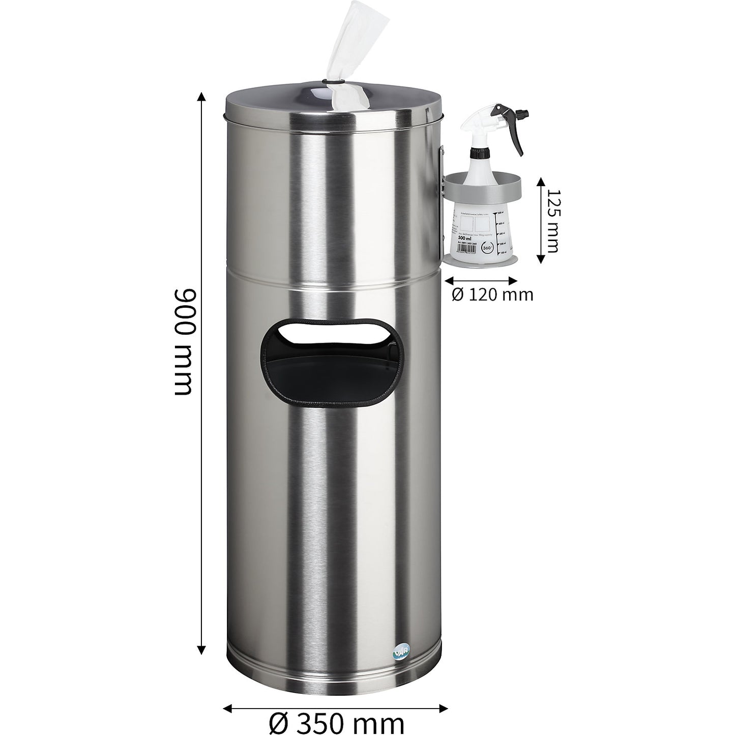 Cleaning station, with paper dispenser and bottle holder, stainless steel.