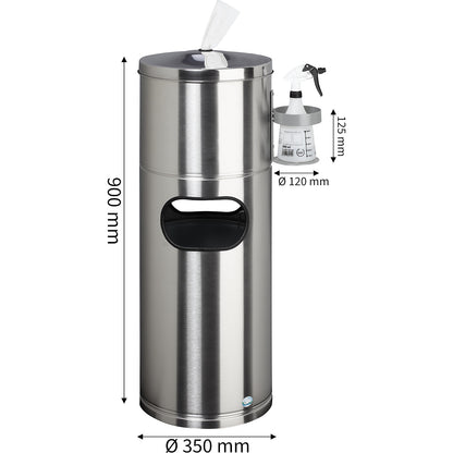 Cleaning station, with paper dispenser and bottle holder, stainless steel.