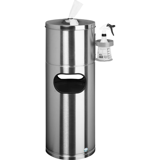 Cleaning station, with paper dispenser and bottle holder, stainless steel.