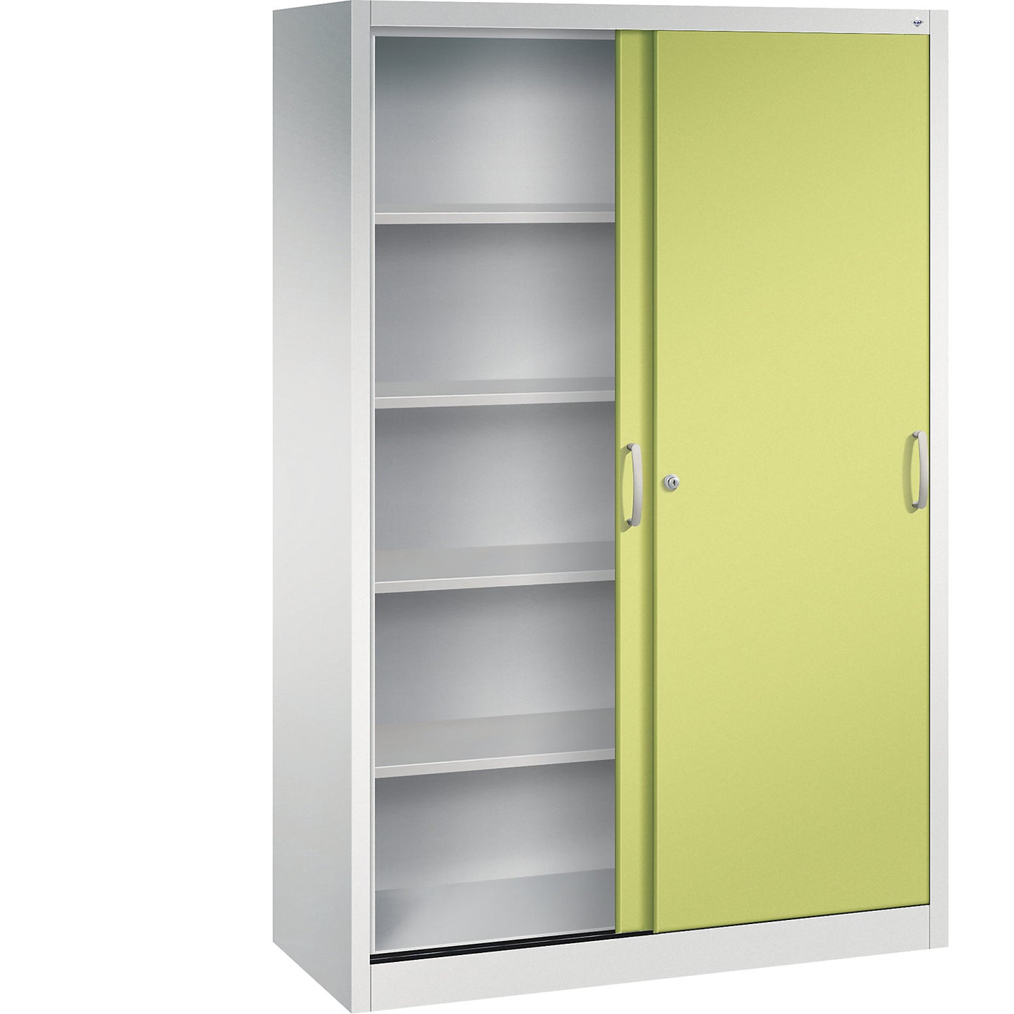 ACURADO sliding door cupboard, 4 shelves, HxWxD 1950 x 1200 x 500 mm, light grey / viridian green.
