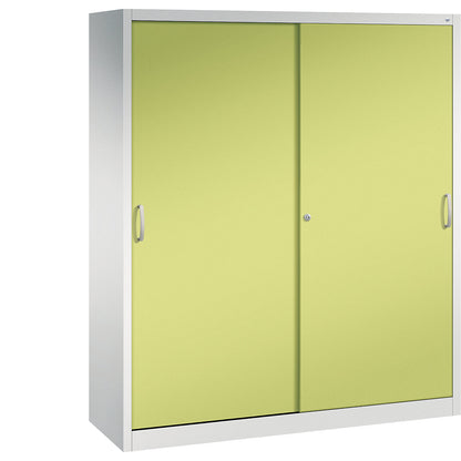 ACURADO sliding door cupboard, 8 shelves, HxWxD 1950 x 1600 x 500 mm, light grey / viridian green.