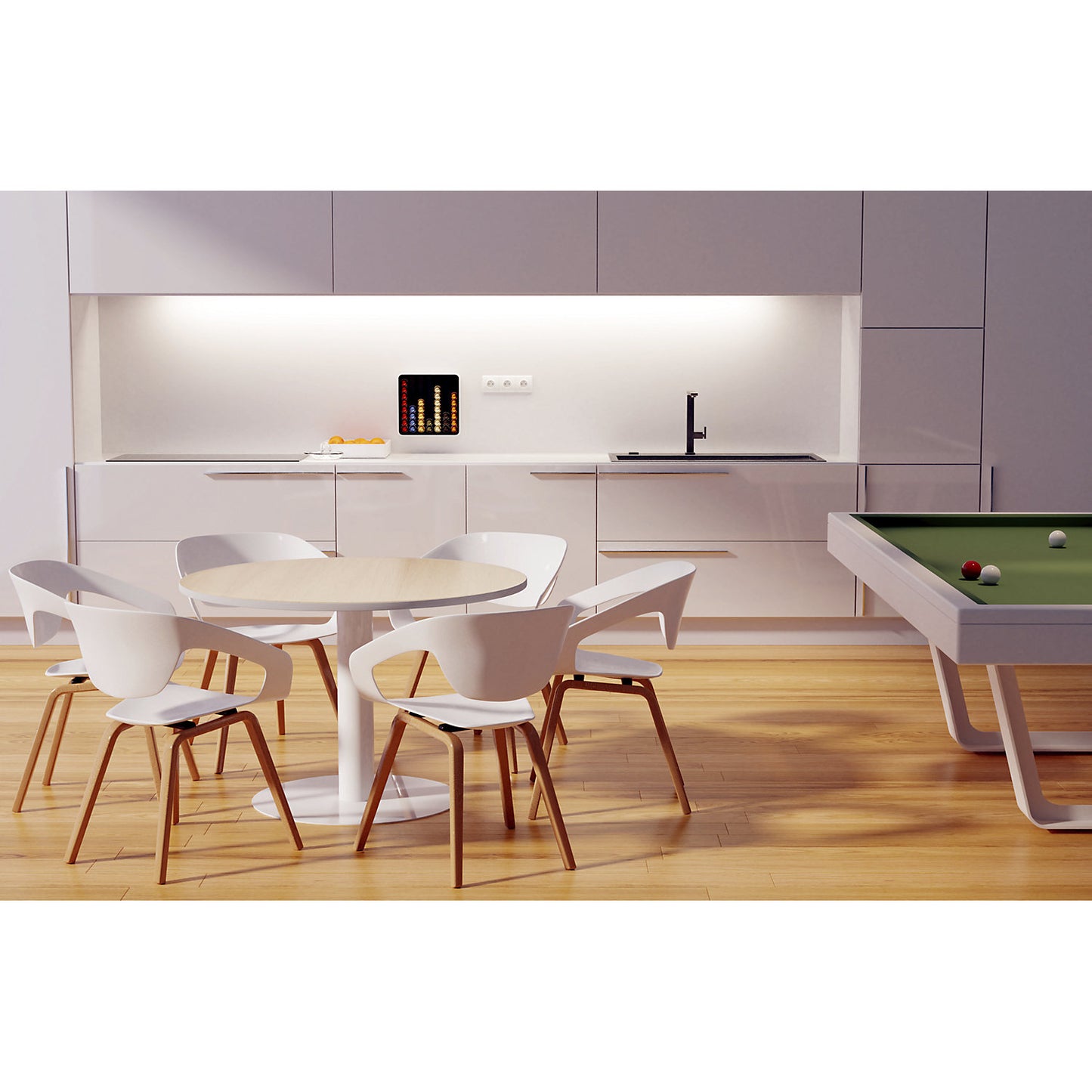 Conference table, Ø 1150 mm, 750 mm high, beech finish.