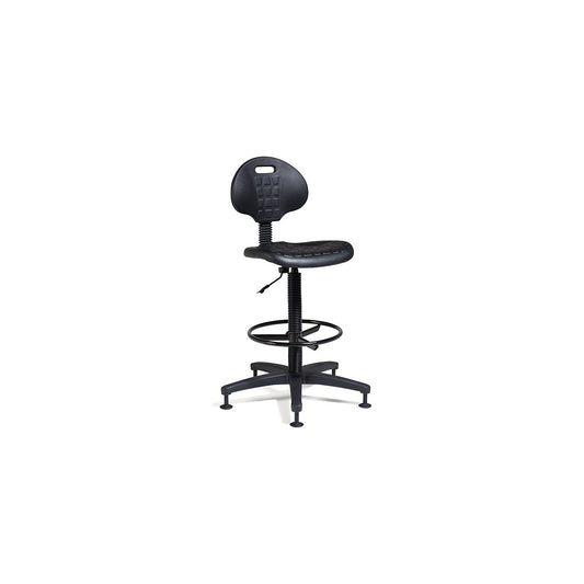 Hebe industrial chair, plastic seat, high, PU foam, foot ring and floor glides.
