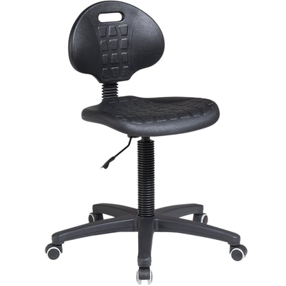 Hebe industrial chair, plastic seat, low, PU foam, castors for hard floors.