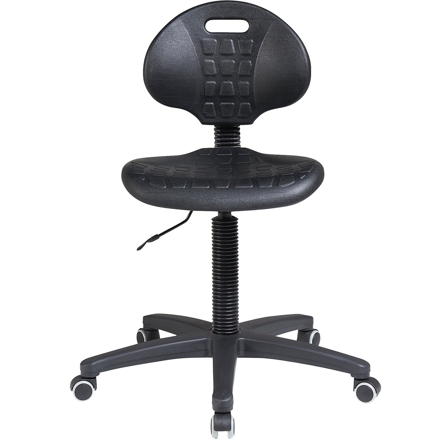 Hebe industrial chair, plastic seat, low, PU foam, castors for hard floors.