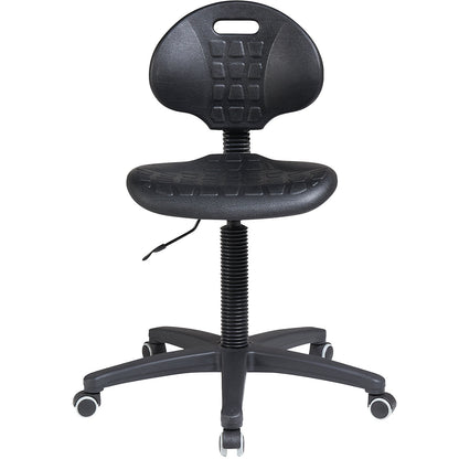 Hebe industrial chair, plastic seat, low, PU foam, castors for hard floors.