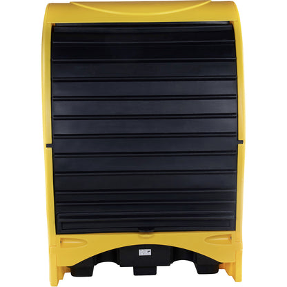PE hazardous goods storage unit with roller shutter, for 2 x 200 l drums, collection capacity 236 l, HxWxD 2110 x 1565 x 995 mm.
