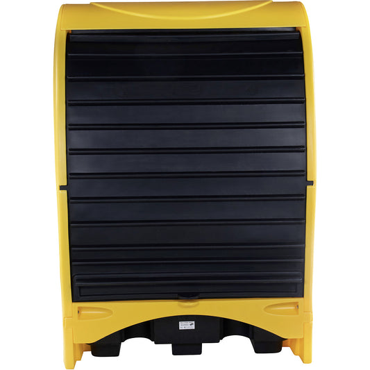 PE hazardous goods storage unit with roller shutter, for 2 x 200 l drums, collection capacity 236 l, HxWxD 2110 x 1565 x 995 mm.