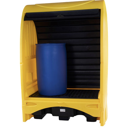 PE hazardous goods storage unit with roller shutter, for 2 x 200 l drums, collection capacity 236 l, HxWxD 2110 x 1565 x 995 mm.