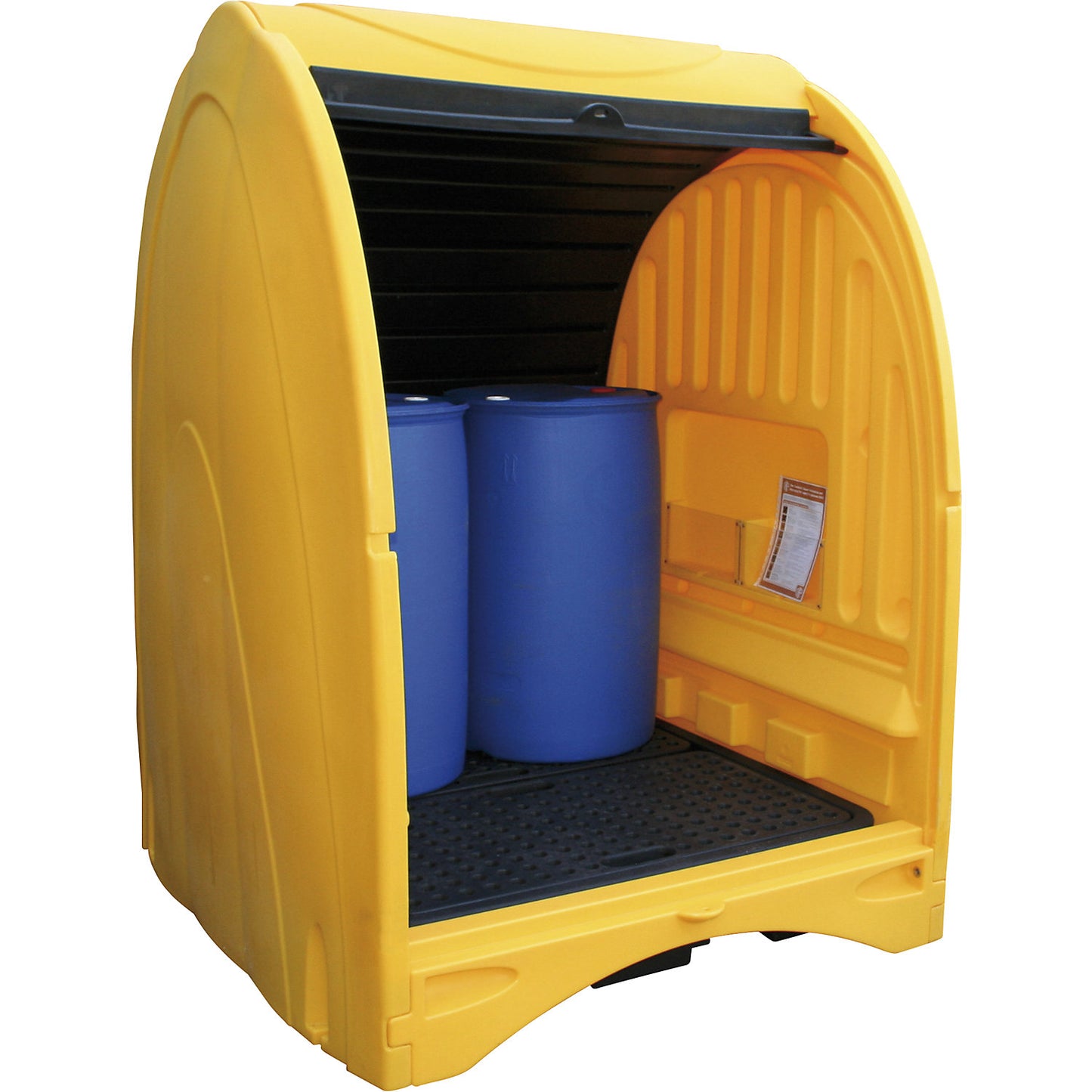 PE hazardous goods storage unit with roller shutter, for 4 x 200 l drums, collection capacity 242 l, HxWxD 2110 x 1565 x 1620 mm.