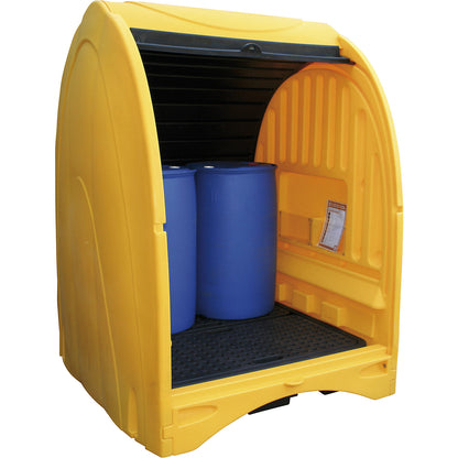 PE hazardous goods storage unit with roller shutter, for 4 x 200 l drums, collection capacity 242 l, HxWxD 2110 x 1565 x 1620 mm.