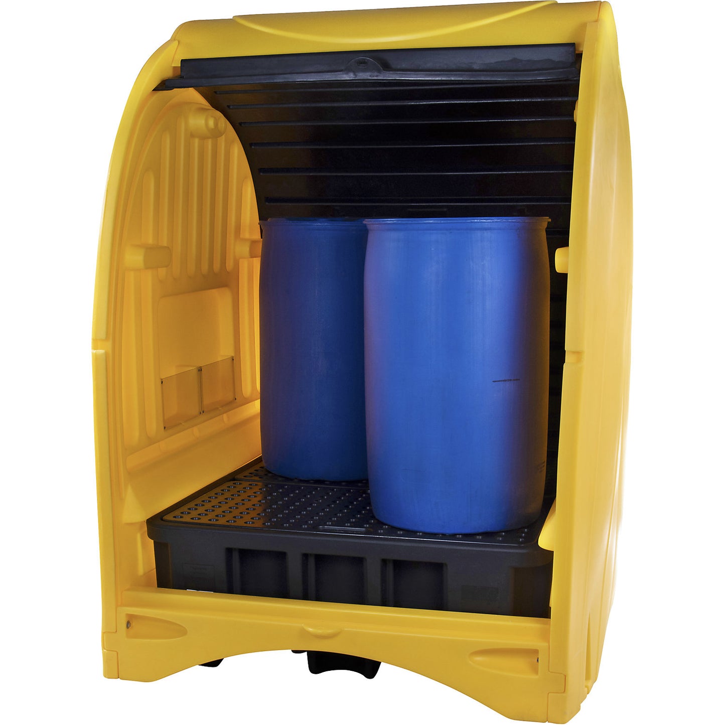 PE hazardous goods storage unit with roller shutter, for 4 x 200 l drums, collection capacity 450 l, HxWxD 2110 x 1565 x 1620 mm.