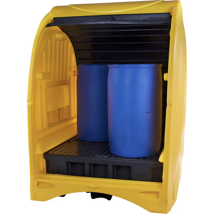 PE hazardous goods storage unit with roller shutter, for 4 x 200 l drums, collection capacity 450 l, HxWxD 2110 x 1565 x 1620 mm.
