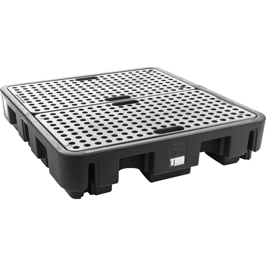 PE drum sump for 4 x 200 l drums, collection capacity 242 l, with PE grate, LxWxH 1290 x 1380 x 280 mm.