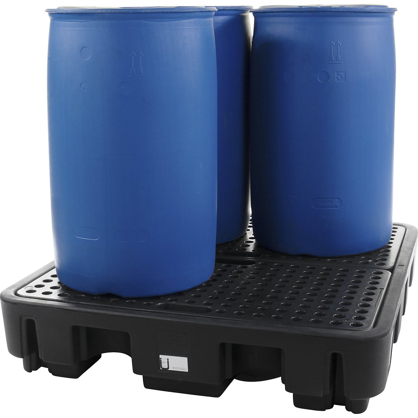 PE drum sump for 4 x 200 l drums, collection capacity 242 l, with PE grate, LxWxH 1290 x 1380 x 280 mm.