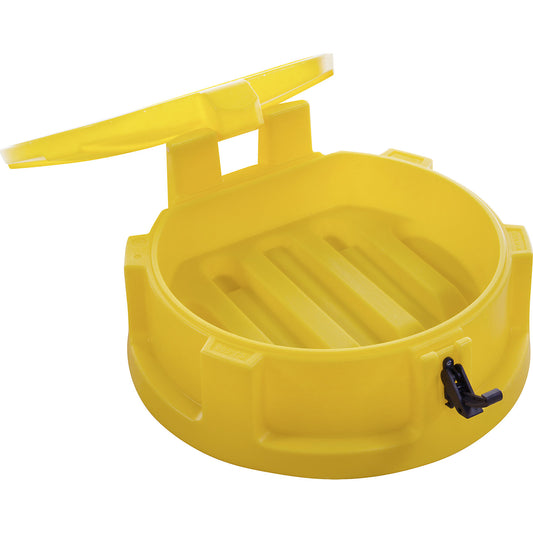 Plastic drum funnel, Ø 620 mm, lid, catch, sieve, yellow.