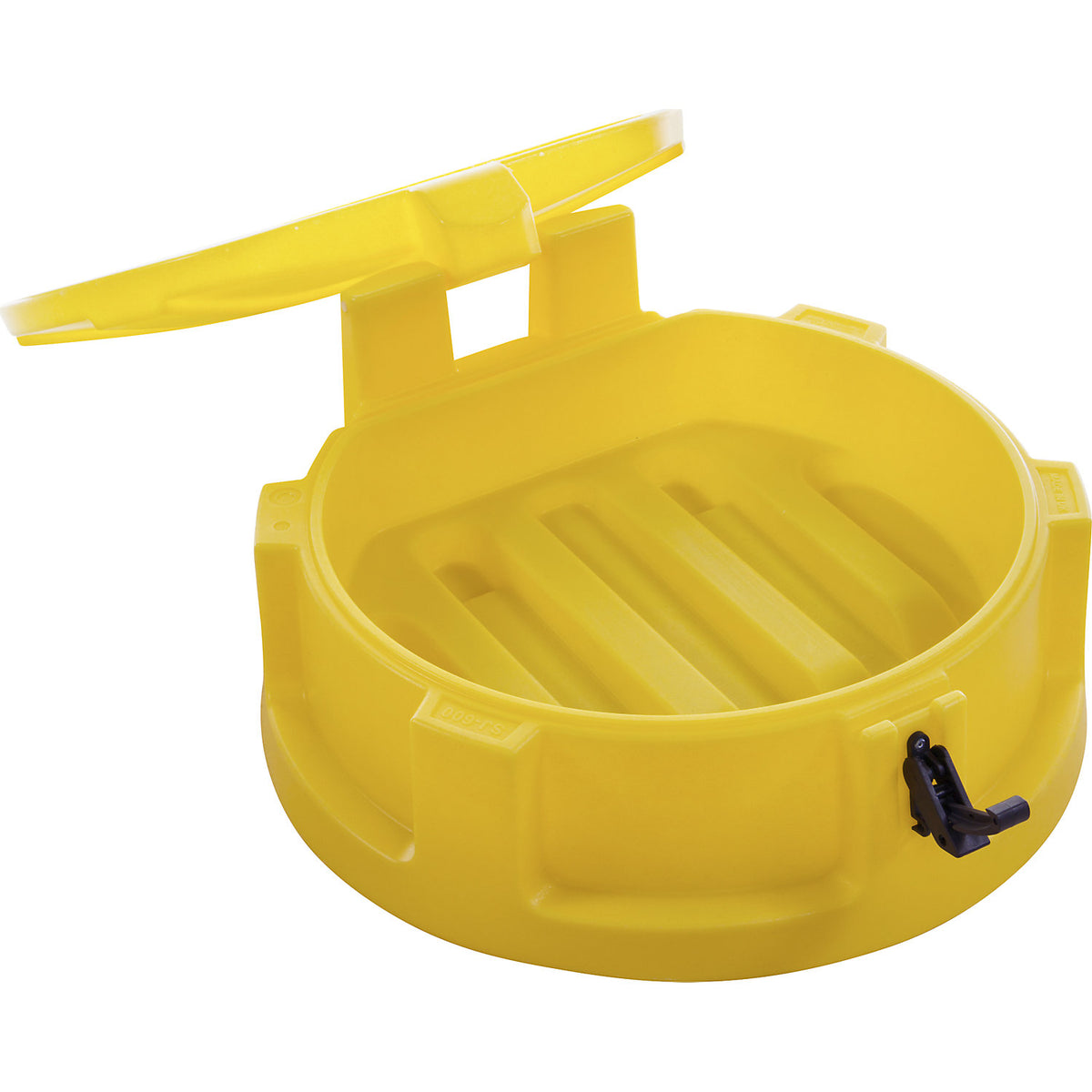 Plastic drum funnel, Ø 620 mm, lid, catch, sieve, yellow.