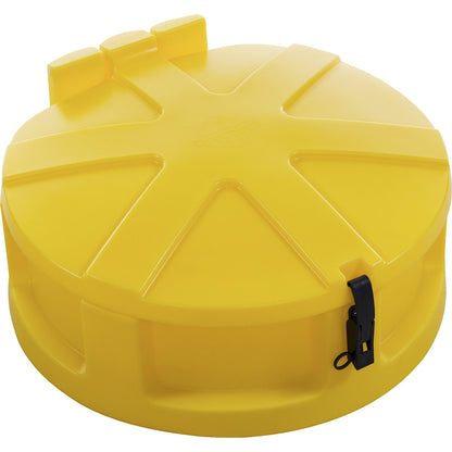 Plastic drum funnel, Ø 620 mm, lid, catch, sieve, yellow.