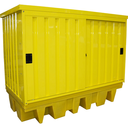 Steel/PE hazardous goods storage depot, for 2 x 1000 l IBC/CTC containers, capacity 1140 l, HxWxD 2110 x 2625 x 1430 mm.