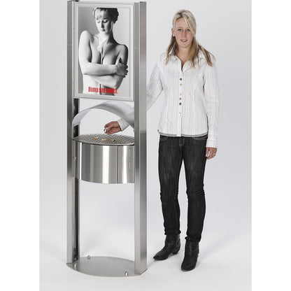 Ashtray with protective hood and advertising space, capacity 15 l, stainless steel.