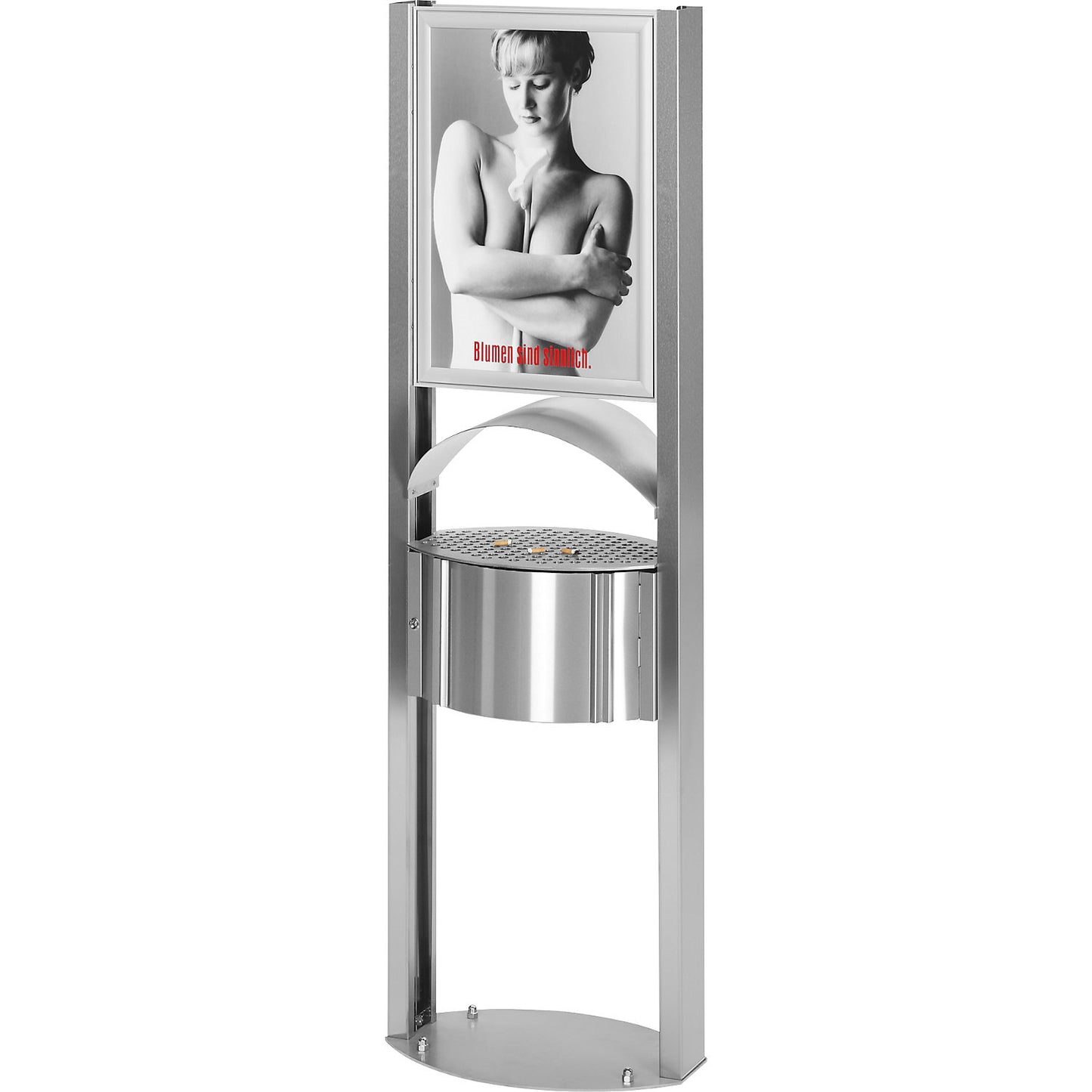 Ashtray with protective hood and advertising space, capacity 15 l, stainless steel.